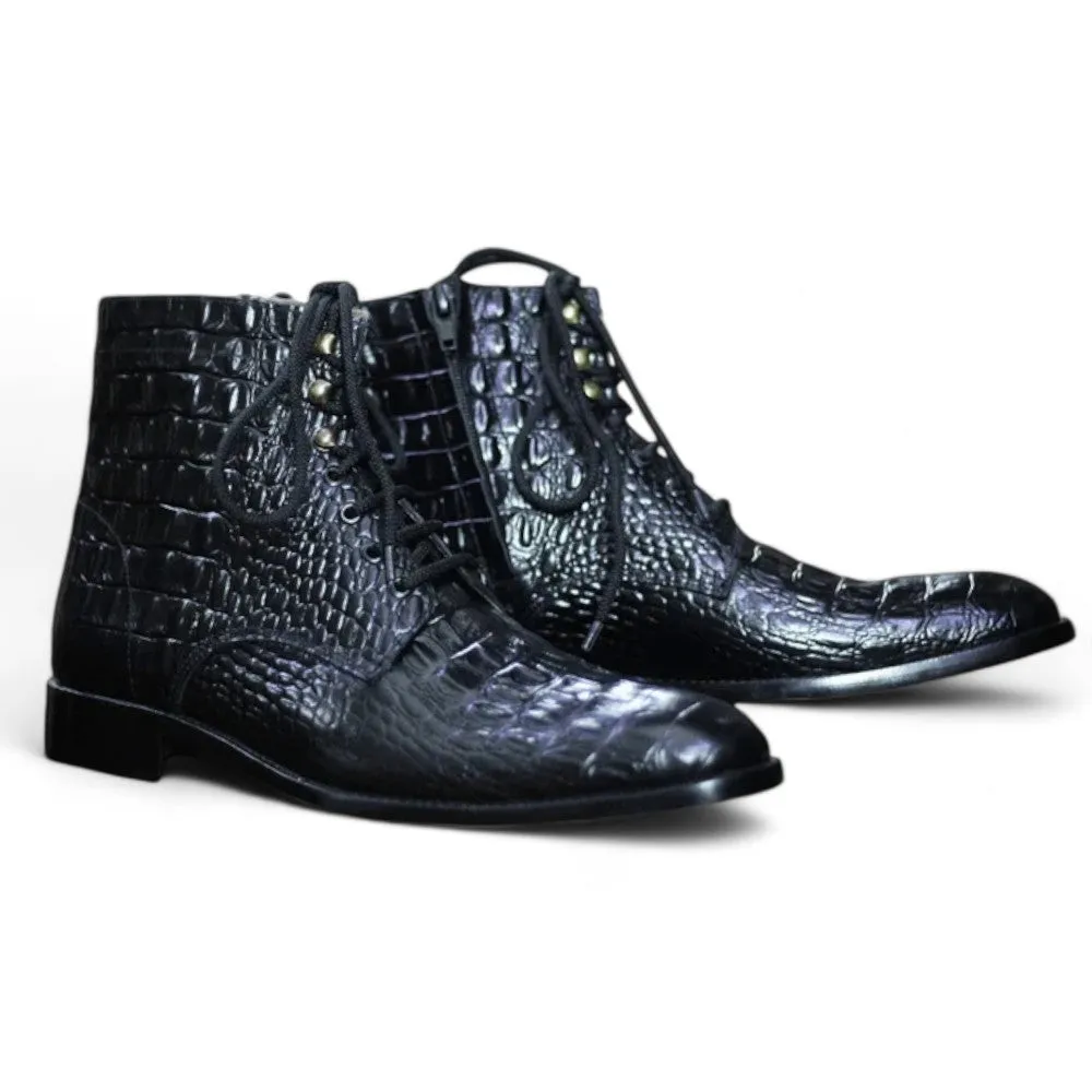 Black Alligator Textured Lace Up Boots