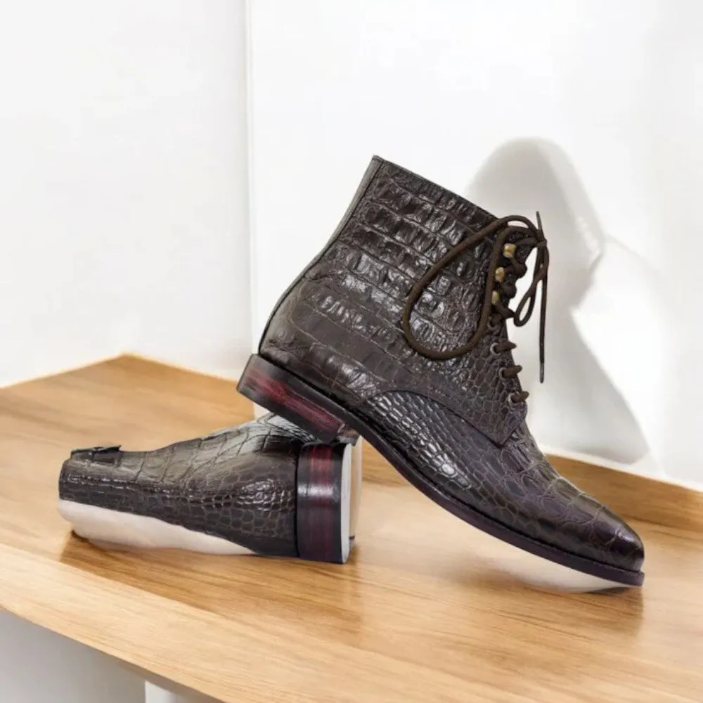 Black Alligator Textured Lace Up Boots