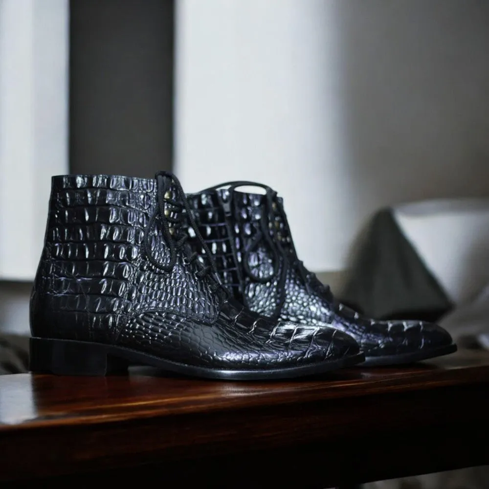 Black Alligator Textured Lace Up Boots