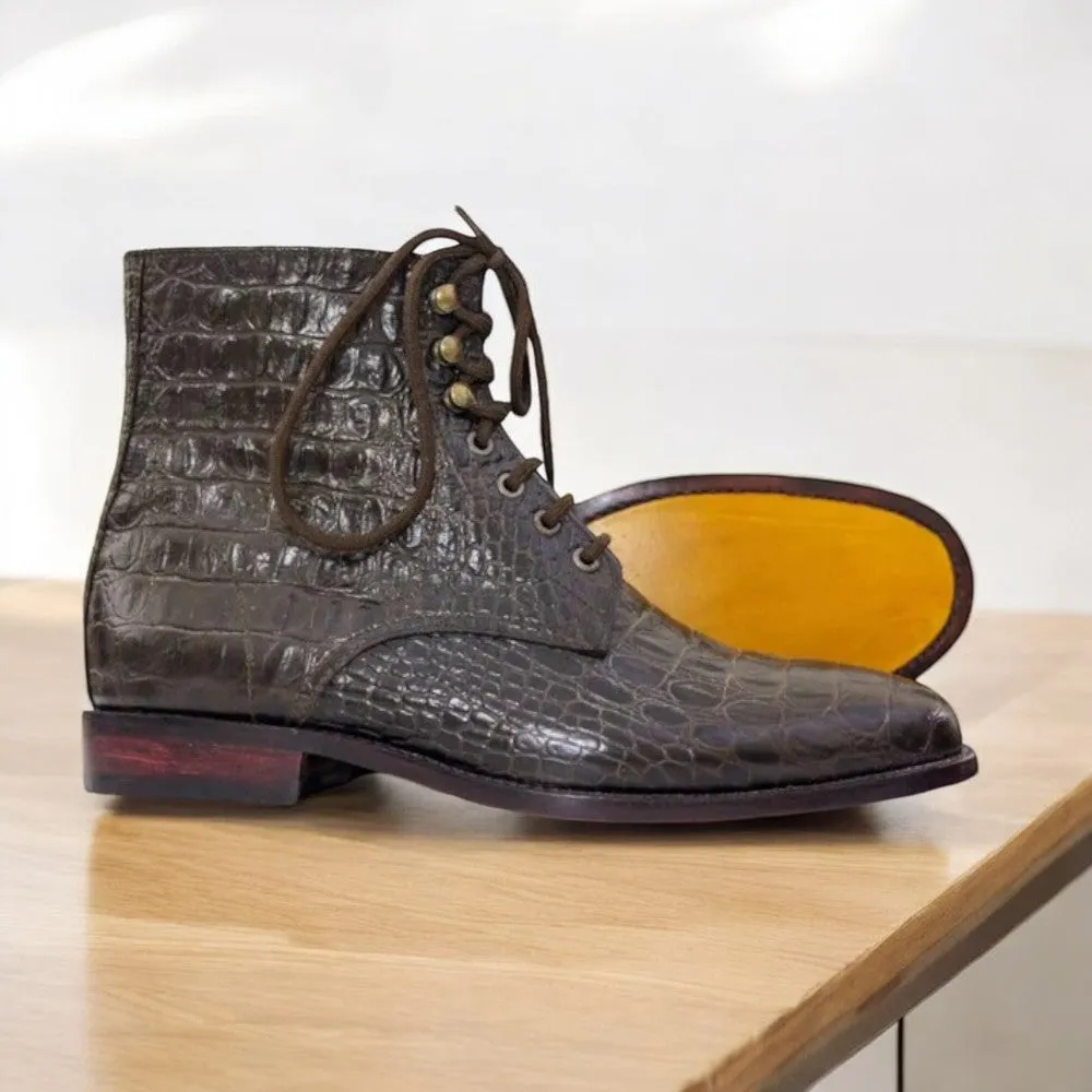 Black Alligator Textured Lace Up Boots