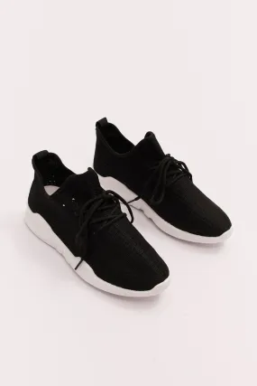 Black Knit Breathable Lace Up Trainers Sneakers