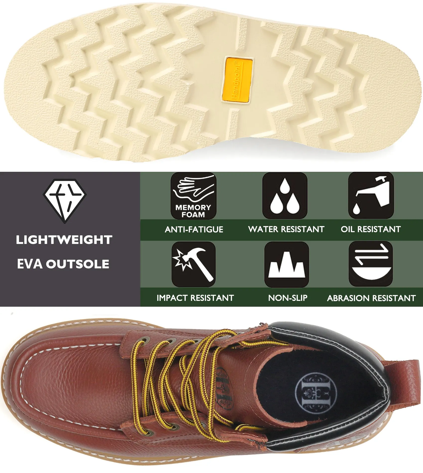 HVB 303 Men's 6" Soft Toe Non-Slip Water Resistant for Construction with Durable Rubber EVA Outsole Work Boots