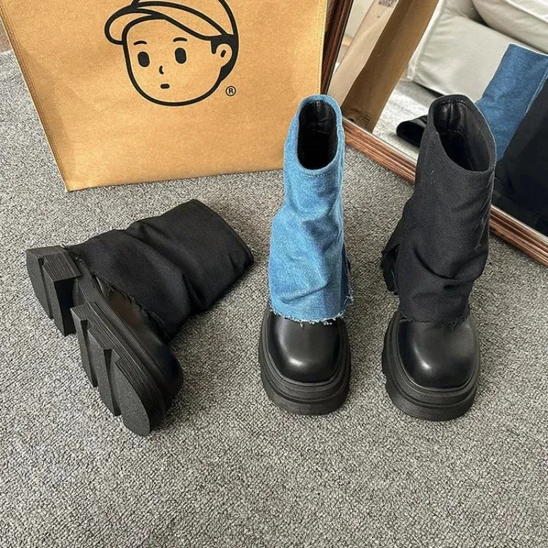 Joskaa Autumn Winter New Fashion Boots Women's Casual Pants Boots Thick-soled Mid-calf Tube Boots Head Short Boots Luxury Durable