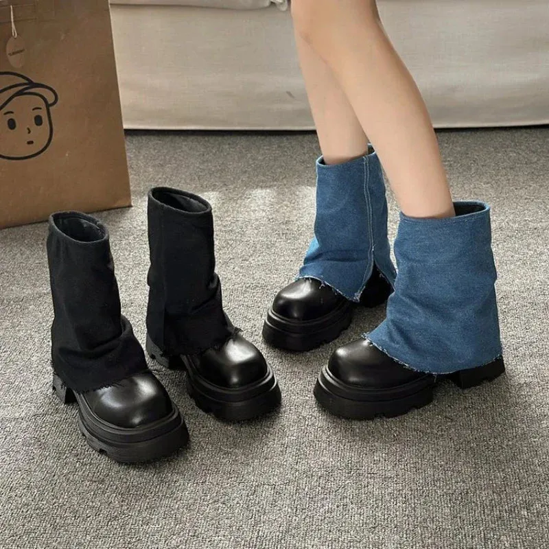 Joskaa Autumn Winter New Fashion Boots Women's Casual Pants Boots Thick-soled Mid-calf Tube Boots Head Short Boots Luxury Durable