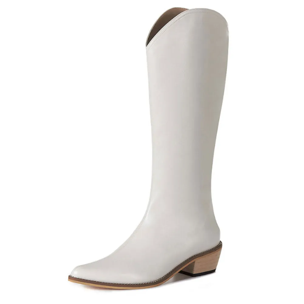 Ladies Pointed Toe Block Heel Leather Long Knight Boots Zip Side