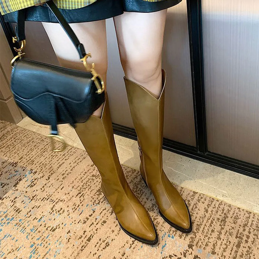 Ladies Pointed Toe Block Heel Leather Long Knight Boots Zip Side