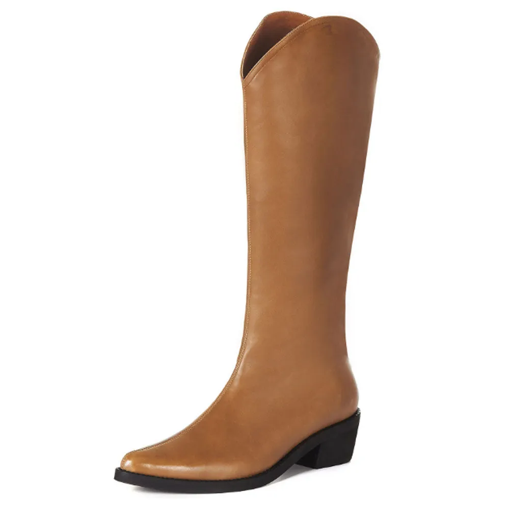 Ladies Pointed Toe Block Heel Leather Long Knight Boots Zip Side