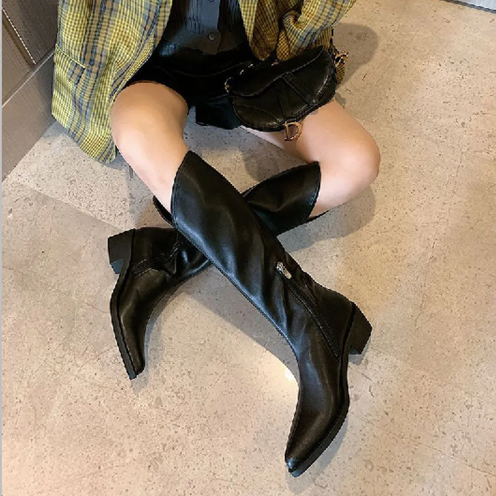Ladies Pointed Toe Block Heel Leather Long Knight Boots Zip Side