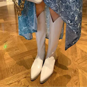 Ladies Pointed Toe Block Heel Leather Long Knight Boots Zip Side