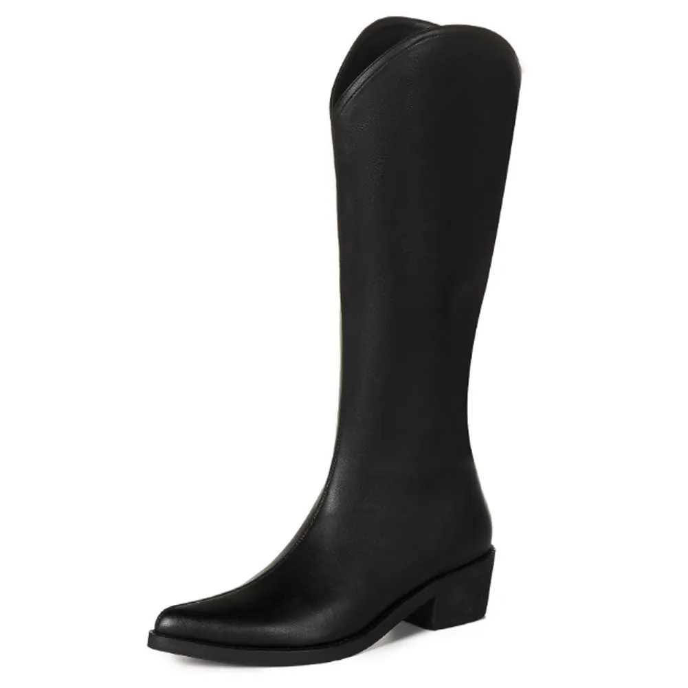 Ladies Pointed Toe Block Heel Leather Long Knight Boots Zip Side