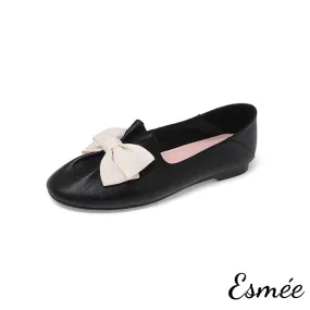 Leather Round Toe Loafers with Ivory Bow Knot