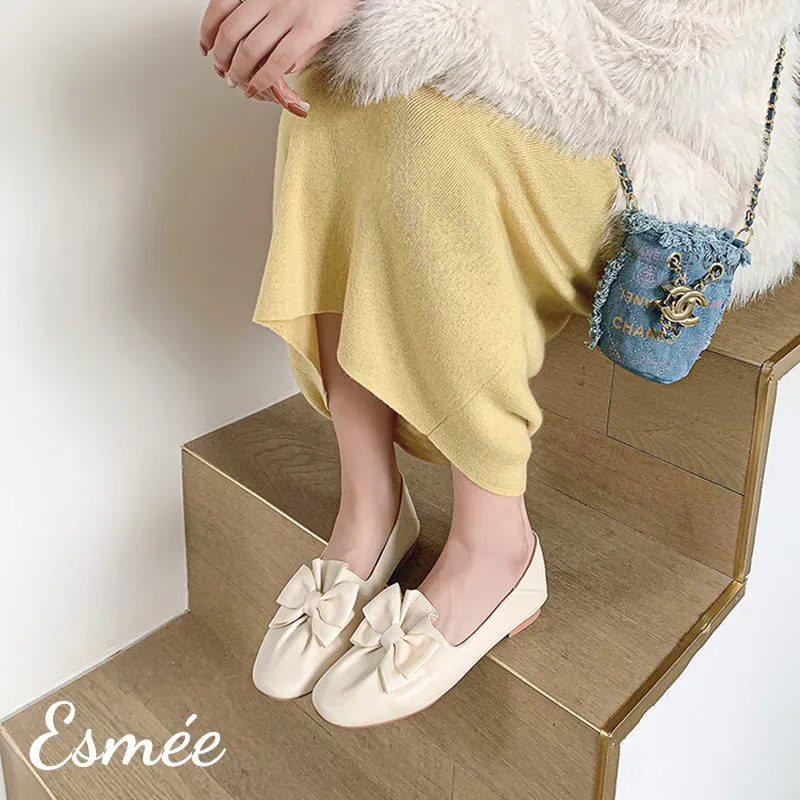 Leather Round Toe Loafers with Ivory Bow Knot