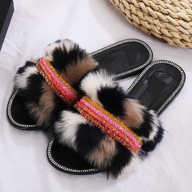 Multi-Color Faux-Fur Slippers with Rhinestones for Women