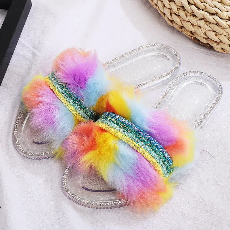 Multi-Color Faux-Fur Slippers with Rhinestones for Women