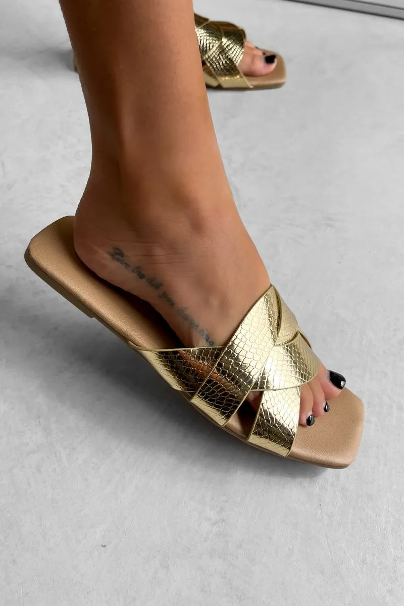 MYKONOS Woven Strap Flat Slider Sandal - Gold
