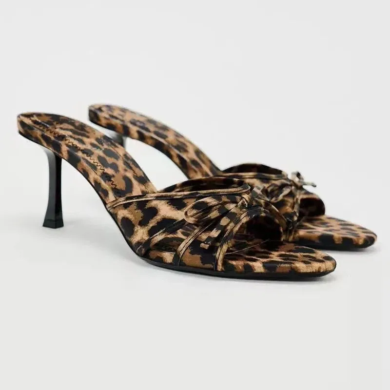 New European and American High Quality Women Shoes Bow Knot Leopard Print High Heel Slippers