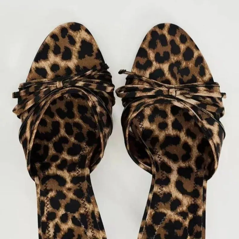 New European and American High Quality Women Shoes Bow Knot Leopard Print High Heel Slippers