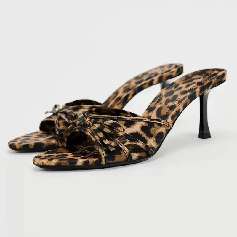 New European and American High Quality Women Shoes Bow Knot Leopard Print High Heel Slippers