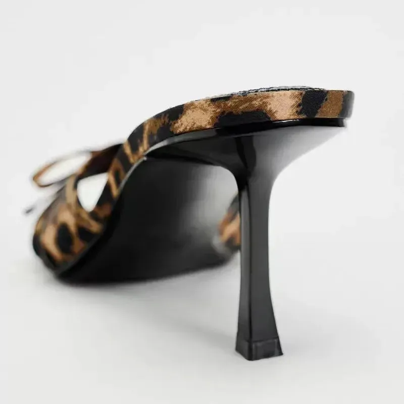 New European and American High Quality Women Shoes Bow Knot Leopard Print High Heel Slippers