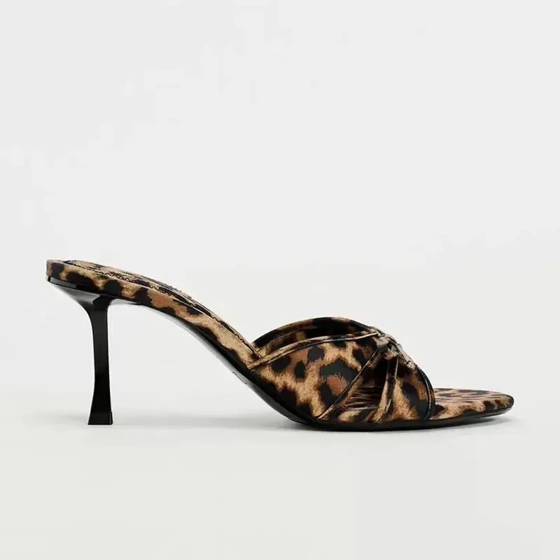 New European and American High Quality Women Shoes Bow Knot Leopard Print High Heel Slippers