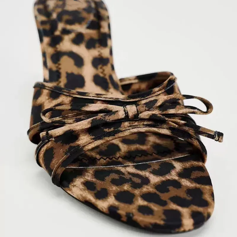 New European and American High Quality Women Shoes Bow Knot Leopard Print High Heel Slippers