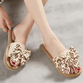 Straw Slide Slippers with Bow for Women