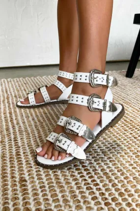 VIRGINIA Studded Western Buckle Sandals - White