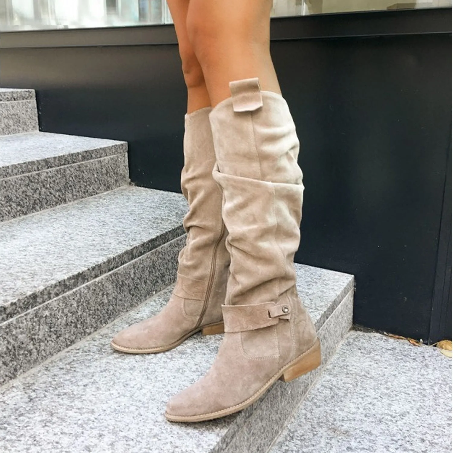 Women faux suede side zipper round toe fashion knee high boots