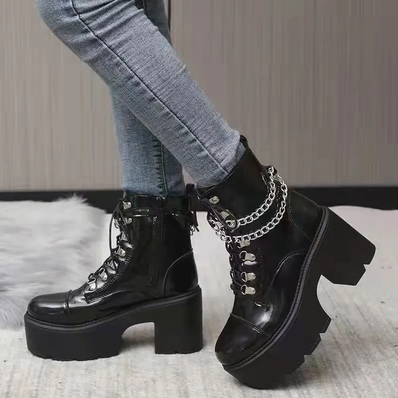 Women short black punk chain  lace up chunky heel platform boots
