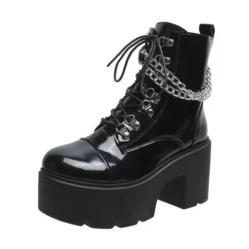 Women short black punk chain  lace up chunky heel platform boots