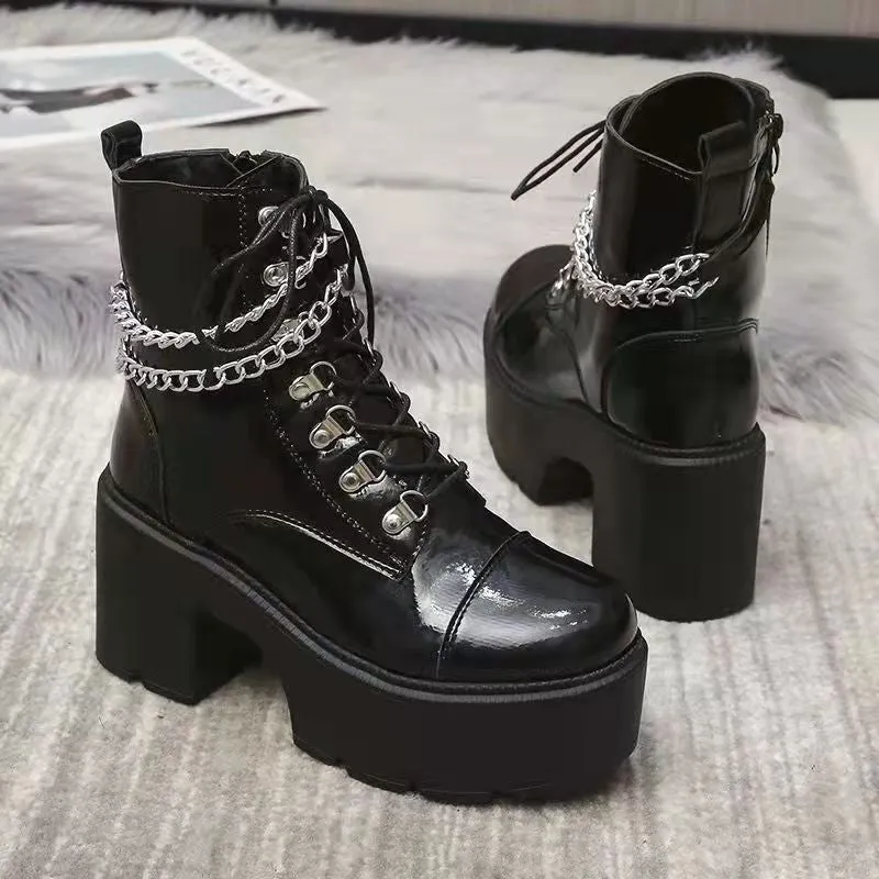 Women short black punk chain  lace up chunky heel platform boots